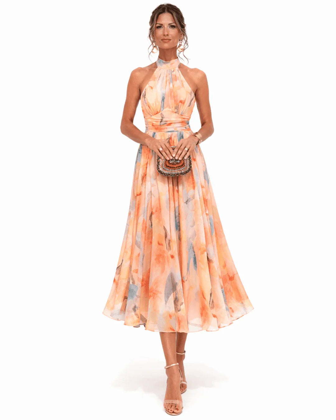 Aurore | Halter and Watercolour Print Neckline Dress