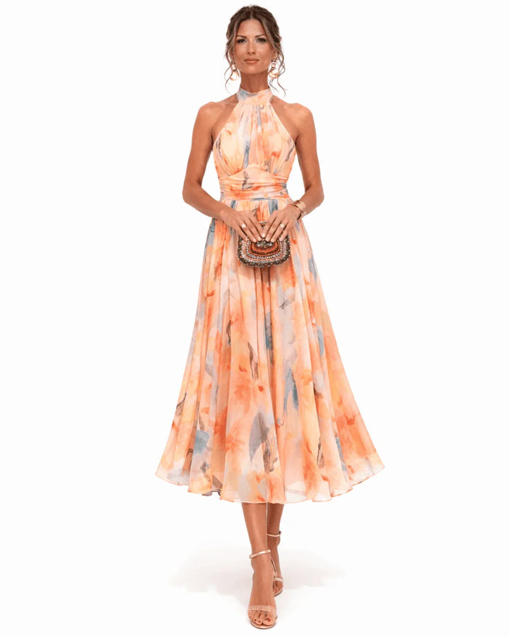 Aurore | Halter and Watercolour Print Neckline Dress