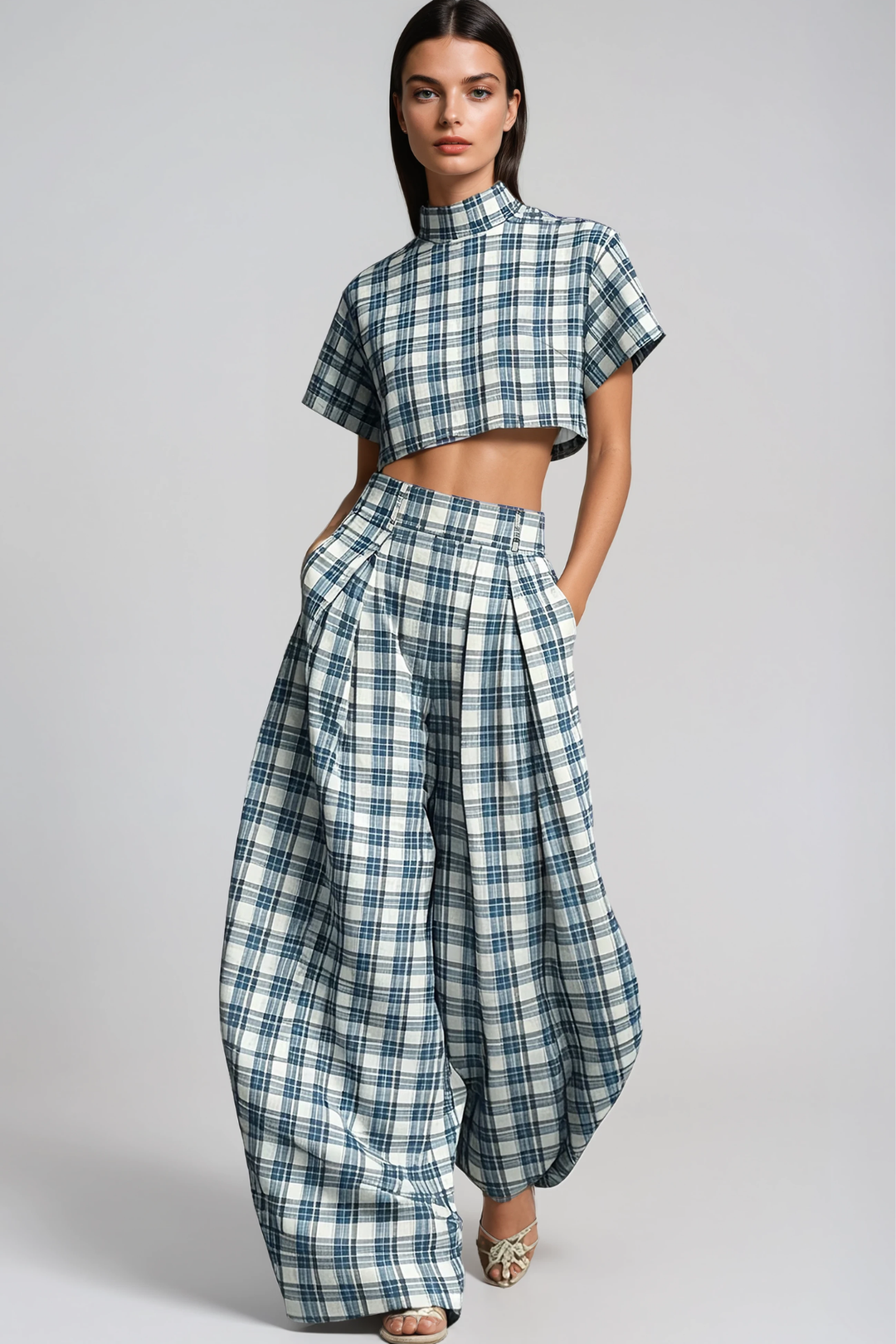Hapi Plaid Crop Baggy Pants Set