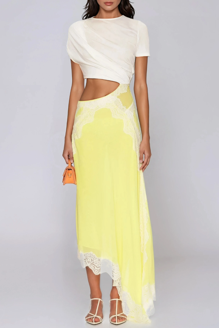 Bess Asymmetric Lace Satin Maxi Dress In Yellow