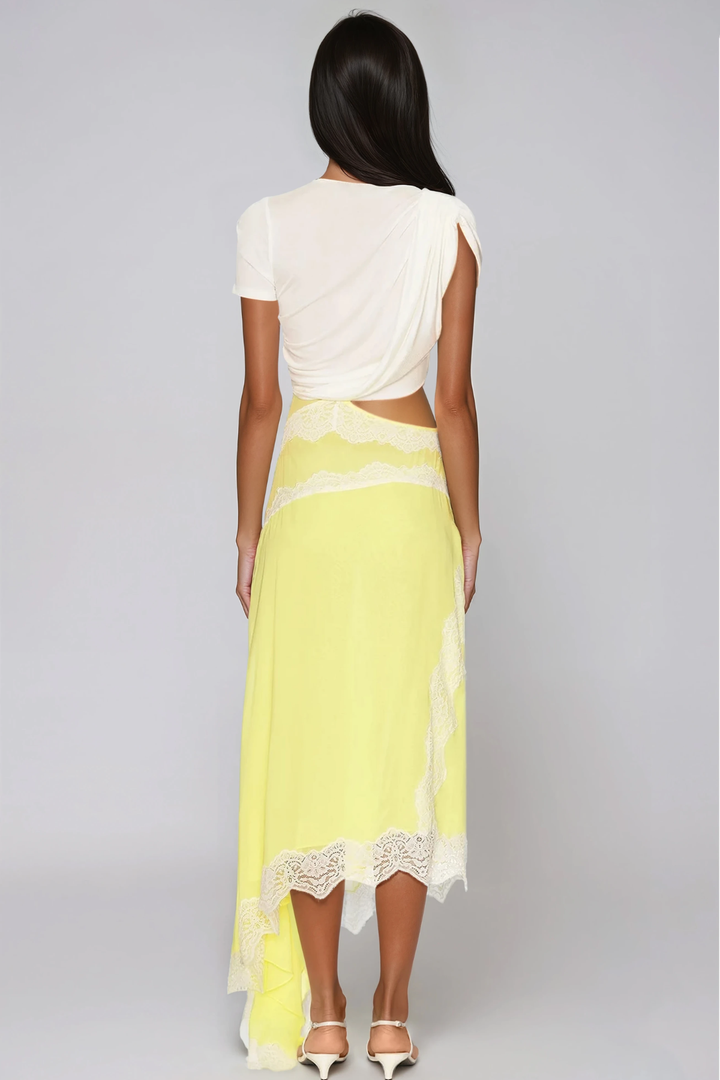 Bess Asymmetric Lace Satin Maxi Dress In Yellow