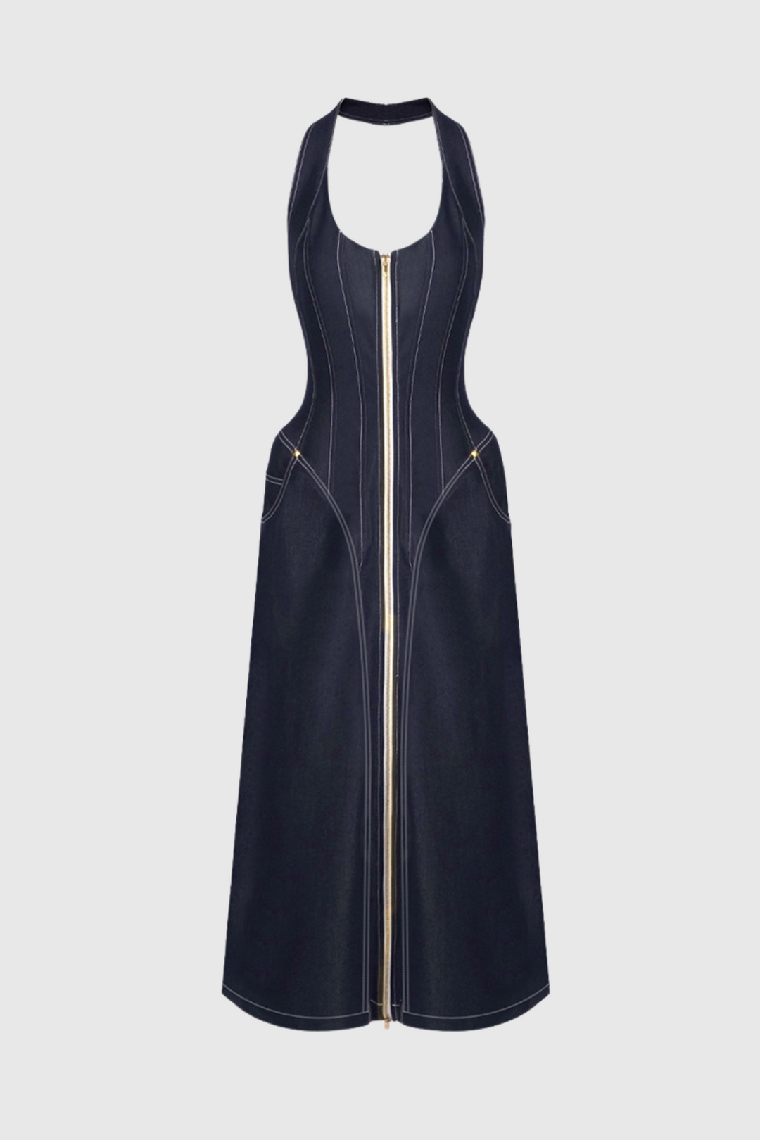 Cirillo Halter Neck Corset Denim Maxi Dress