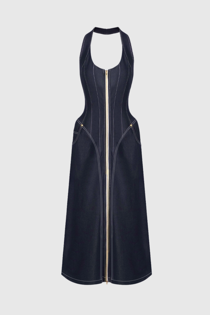 Cirillo Halter Neck Corset Denim Maxi Dress