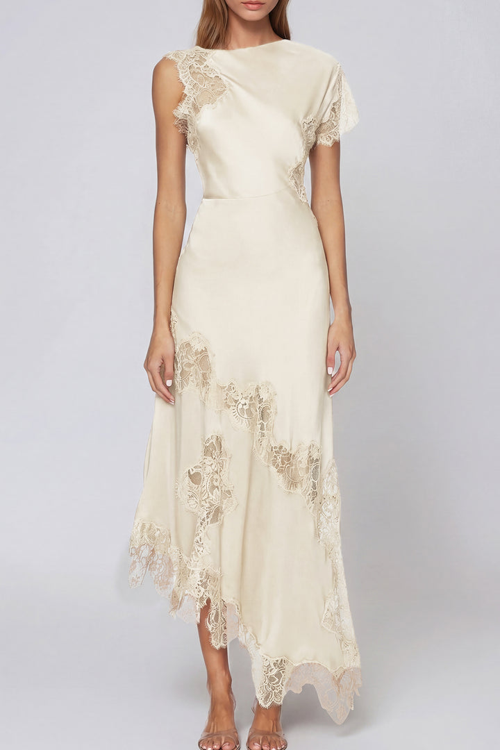 Firdaus Asymmetric Lace Maxi Dress In Apricot