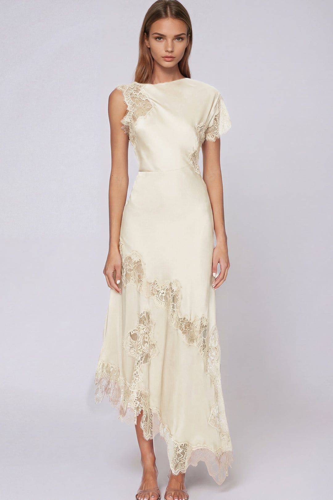 Firdaus Asymmetric Lace Maxi Dress In Apricot