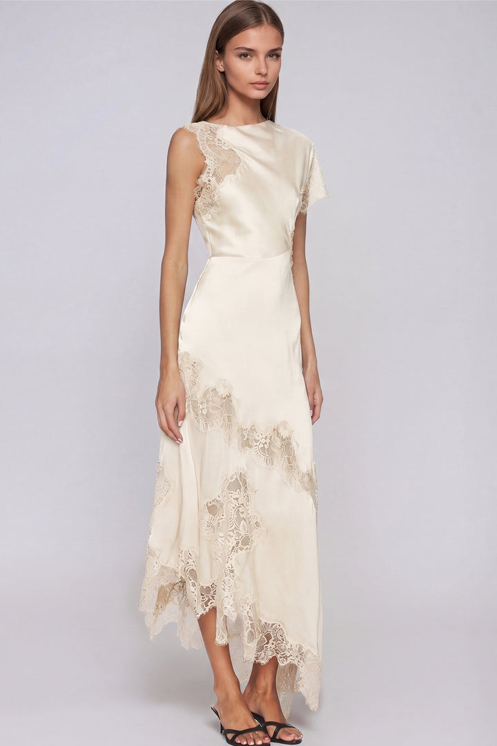 Firdaus Asymmetric Lace Maxi Dress In Apricot