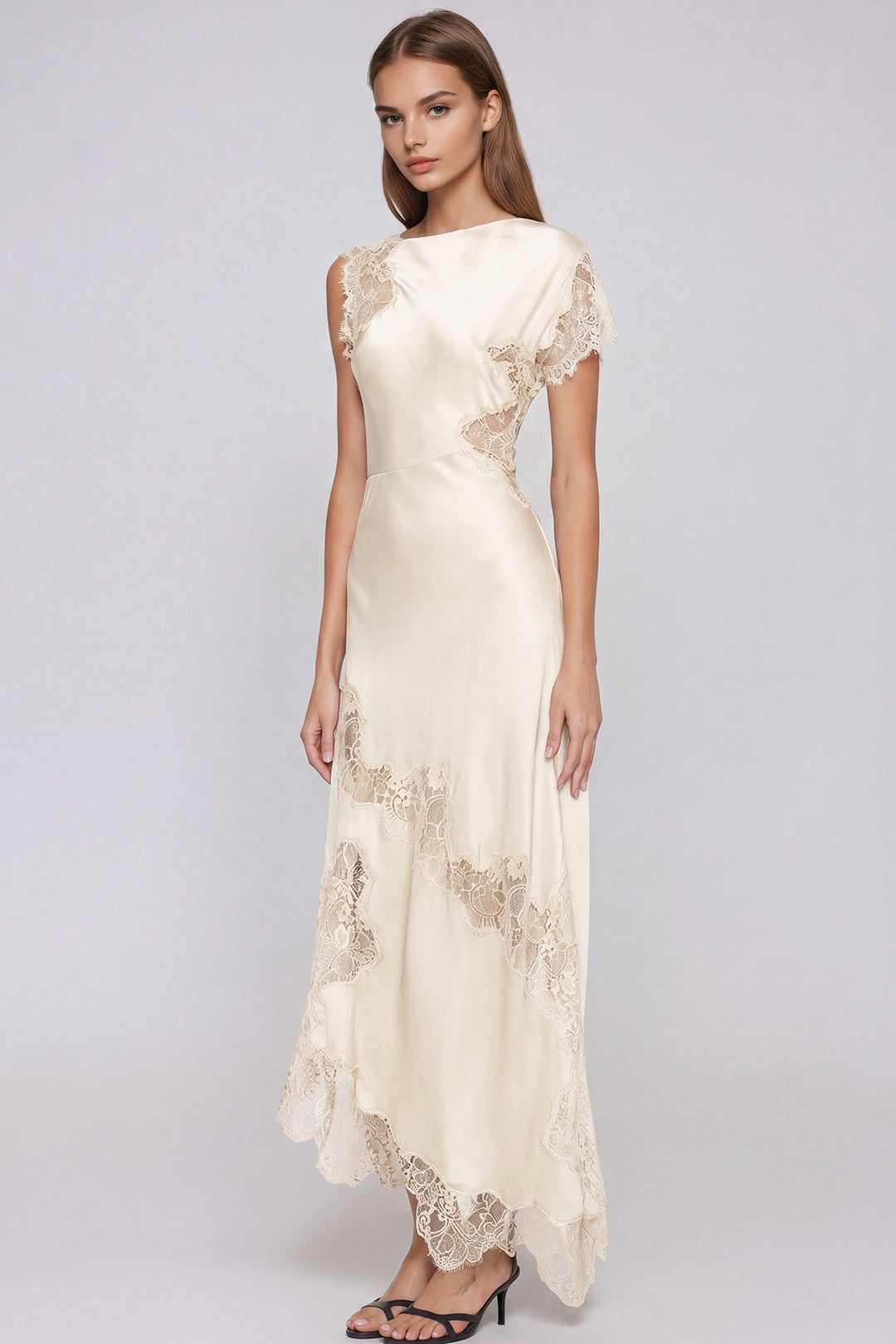 Firdaus Asymmetric Lace Maxi Dress In Apricot