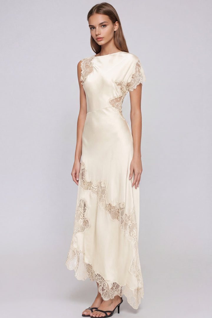 Firdaus Asymmetric Lace Maxi Dress In Apricot