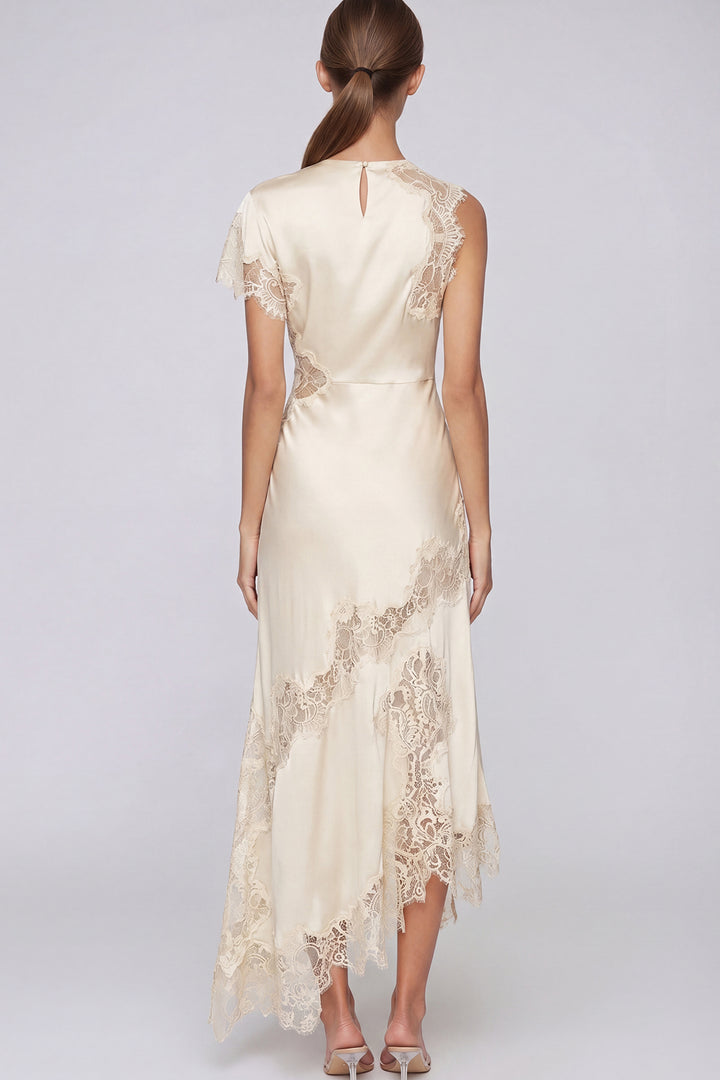 Firdaus Asymmetric Lace Maxi Dress In Apricot