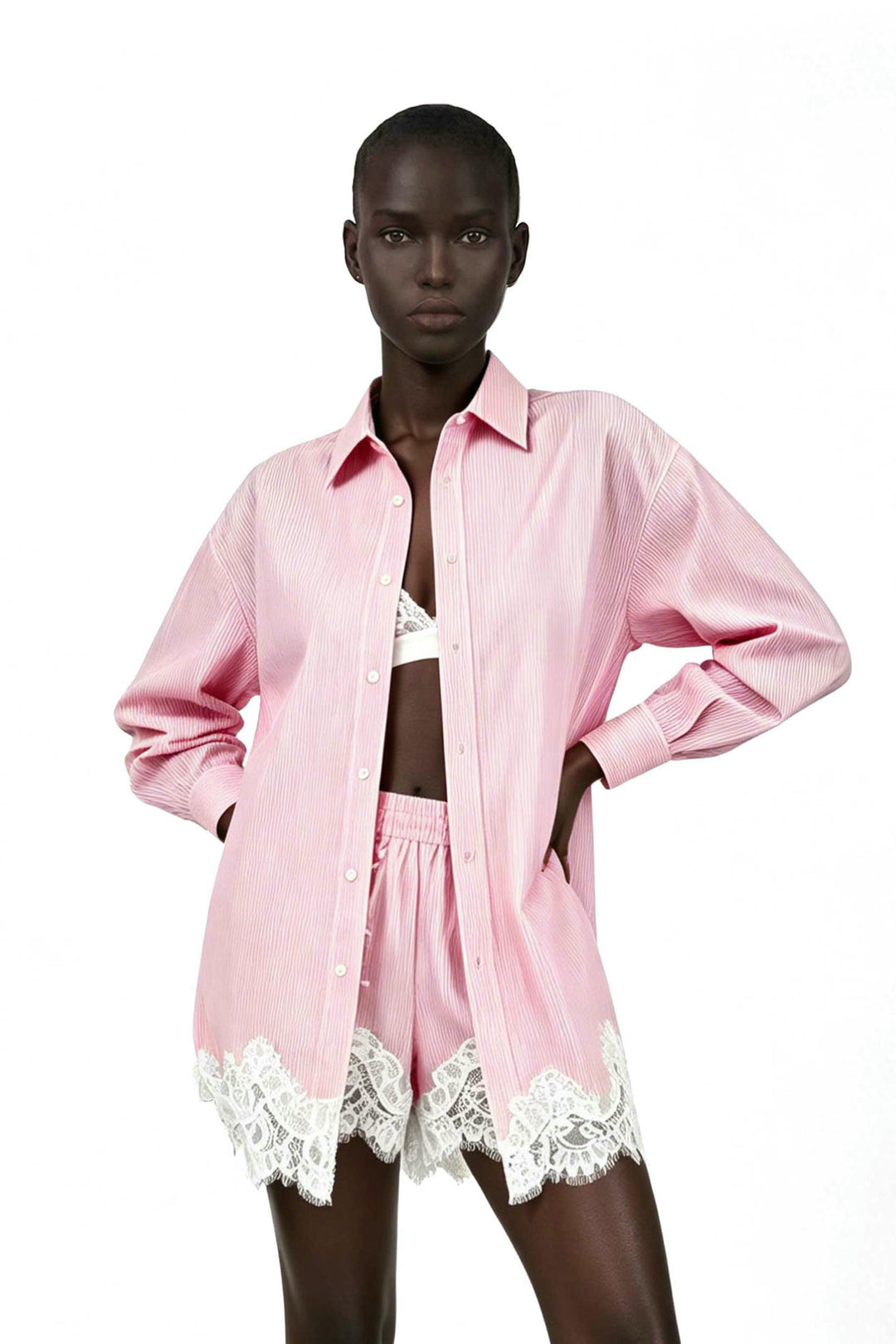Fouzia Lace Shorts Set In Pink