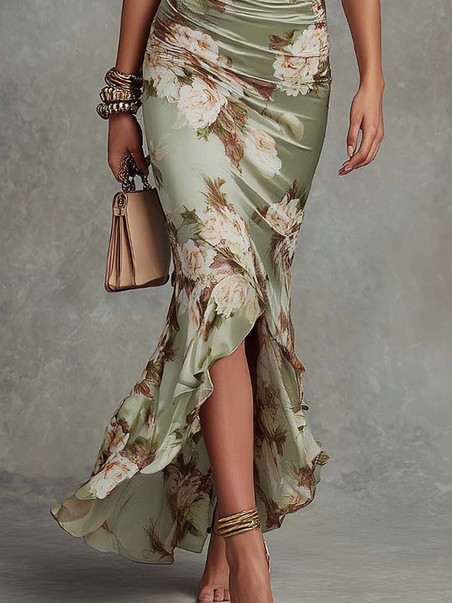 Bella | Long Satin Dress with Floral Print