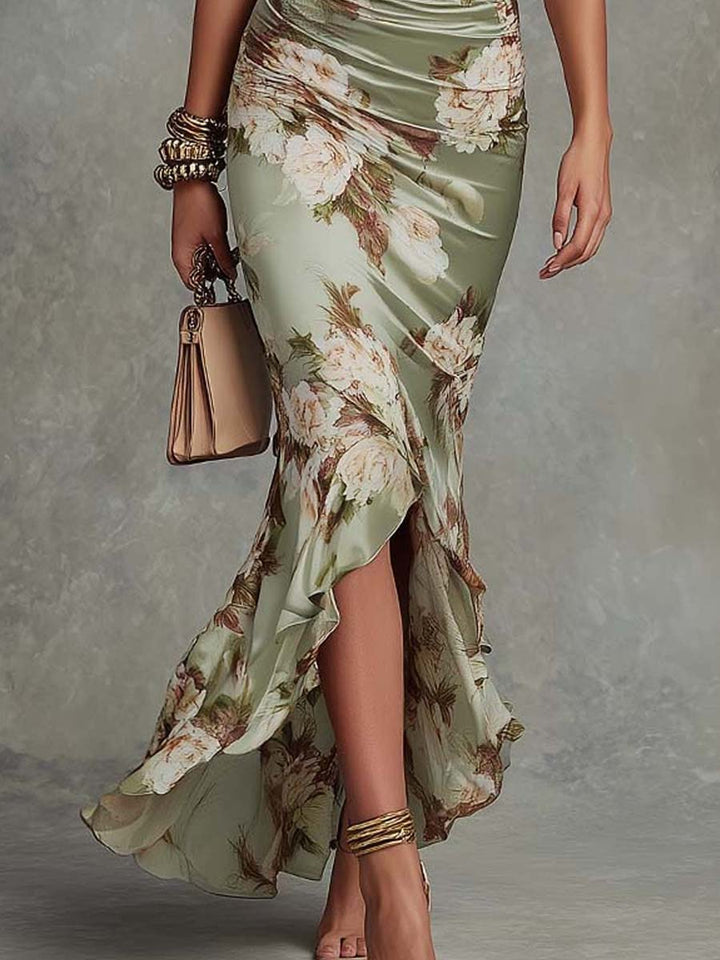 Bella | Long Satin Dress with Floral Print