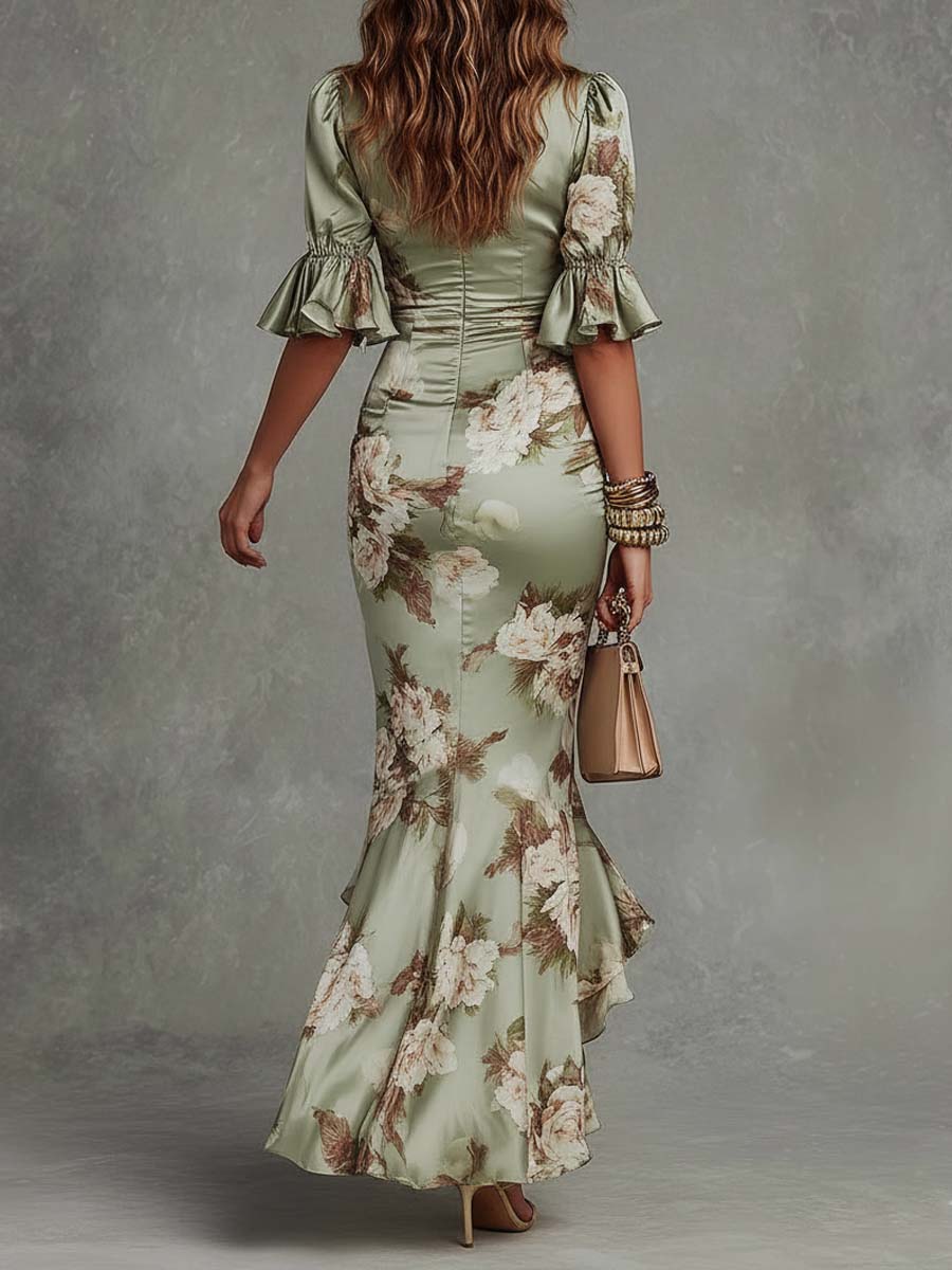Bella | Long Satin Dress with Floral Print