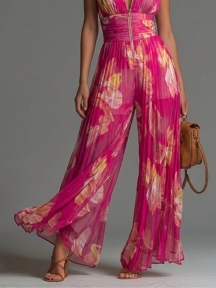 SOFIA JUMPSUIT | FUCHSIA FLORAL PLEATED CHIFFON